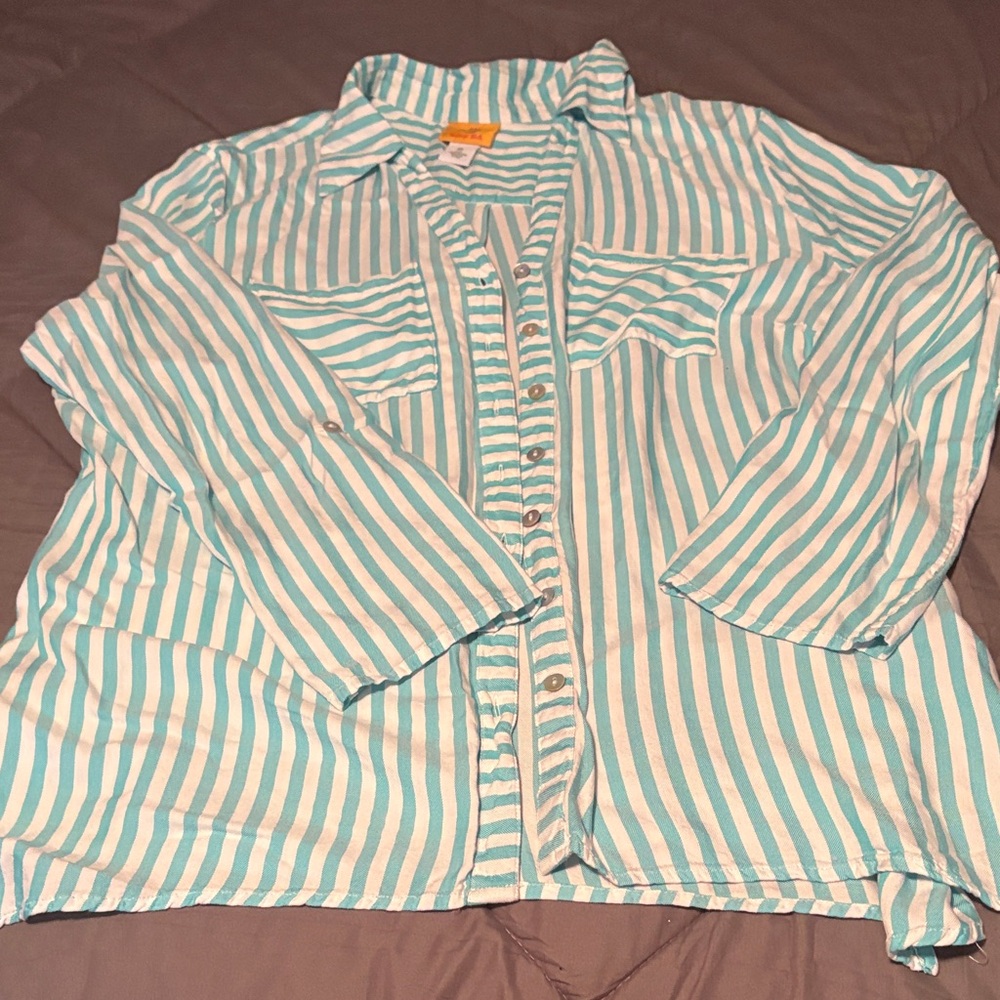 Ruby Rd. Teal and White Striped Button Down Shirt